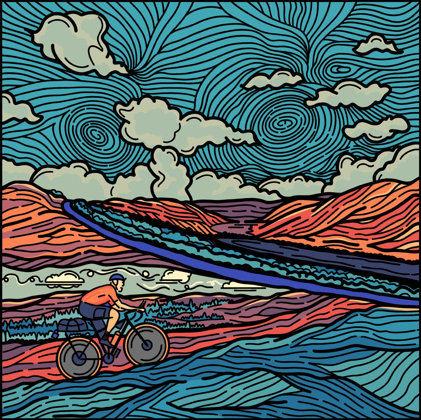 Illustration of a rider on a gravel track beneath a swirling sky