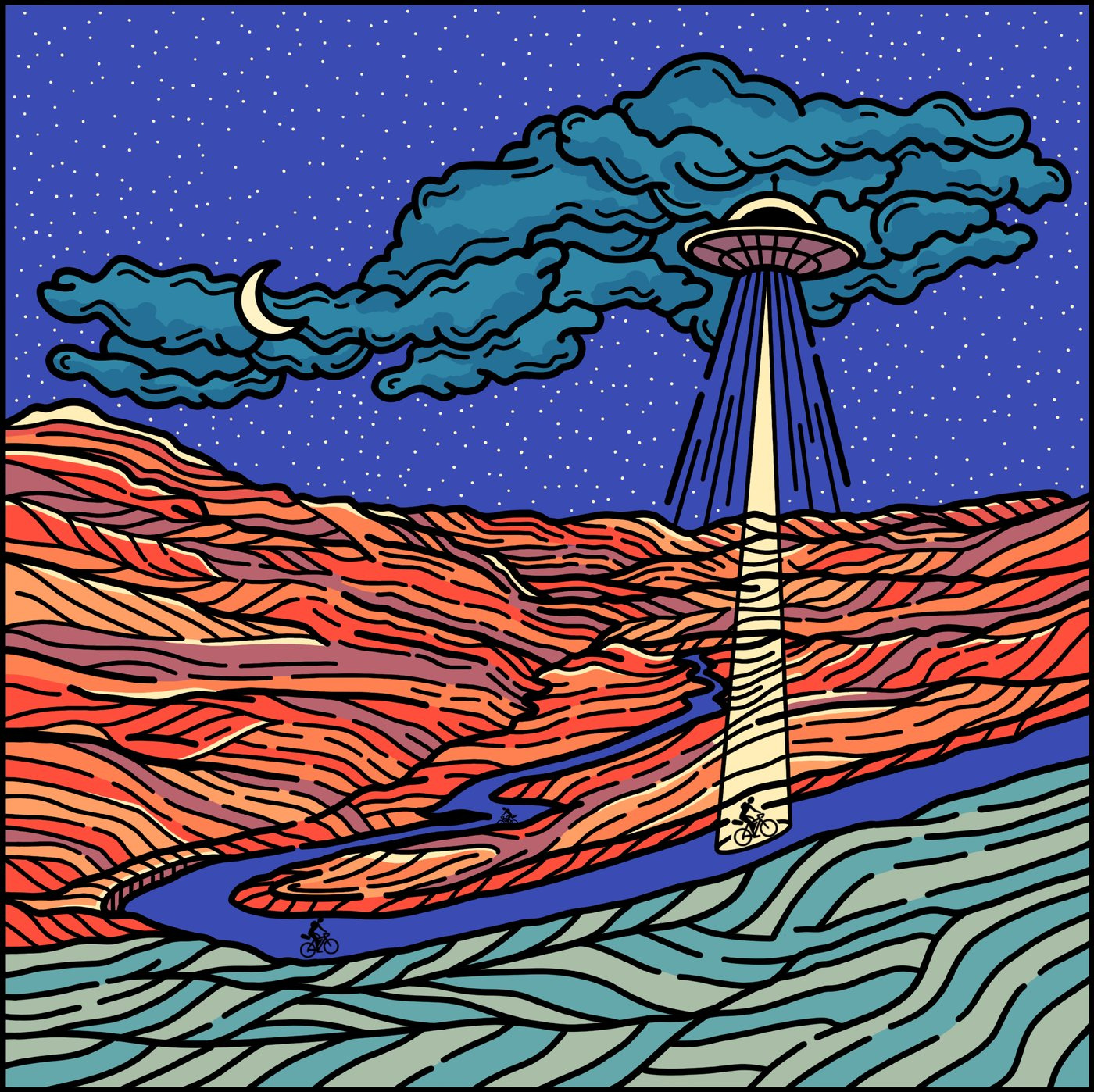 Illustration of riders on a moonlit road beneath a UFO