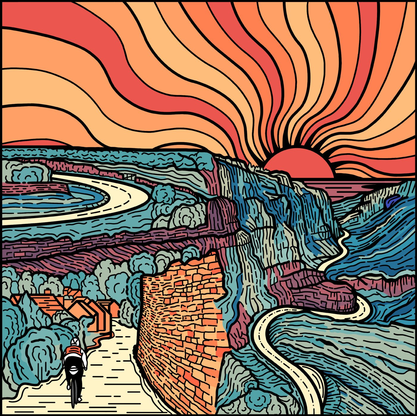 Illustration of a rider on a coast road under a striped sunset